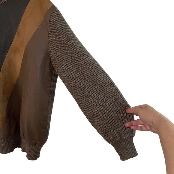 Neiman Marcus Vintage Mens Sweater Size Large Brown Leather Front Knit